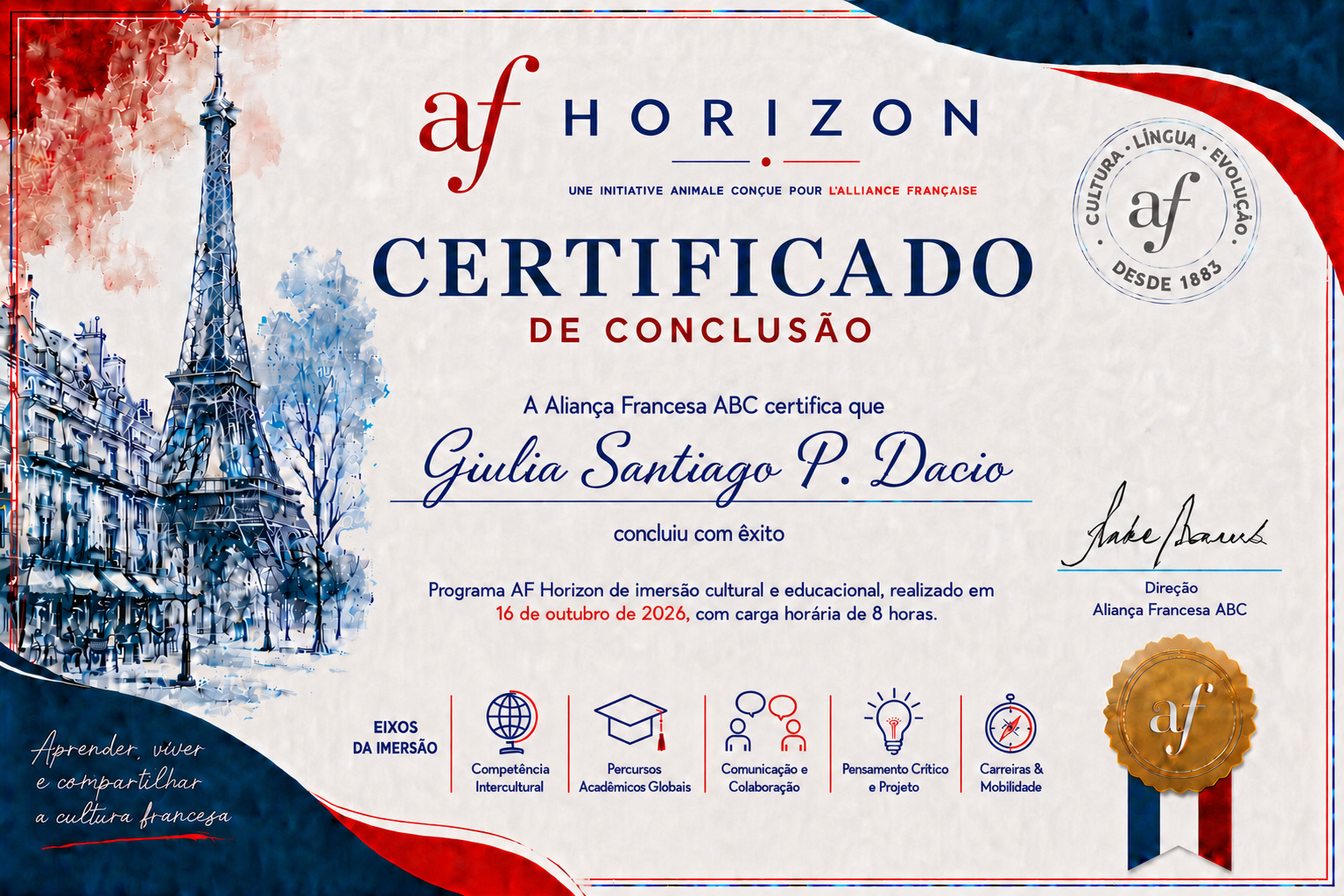 Certificado oficial AF Horizon emitido pela Aliança Francesa ABC Paulista